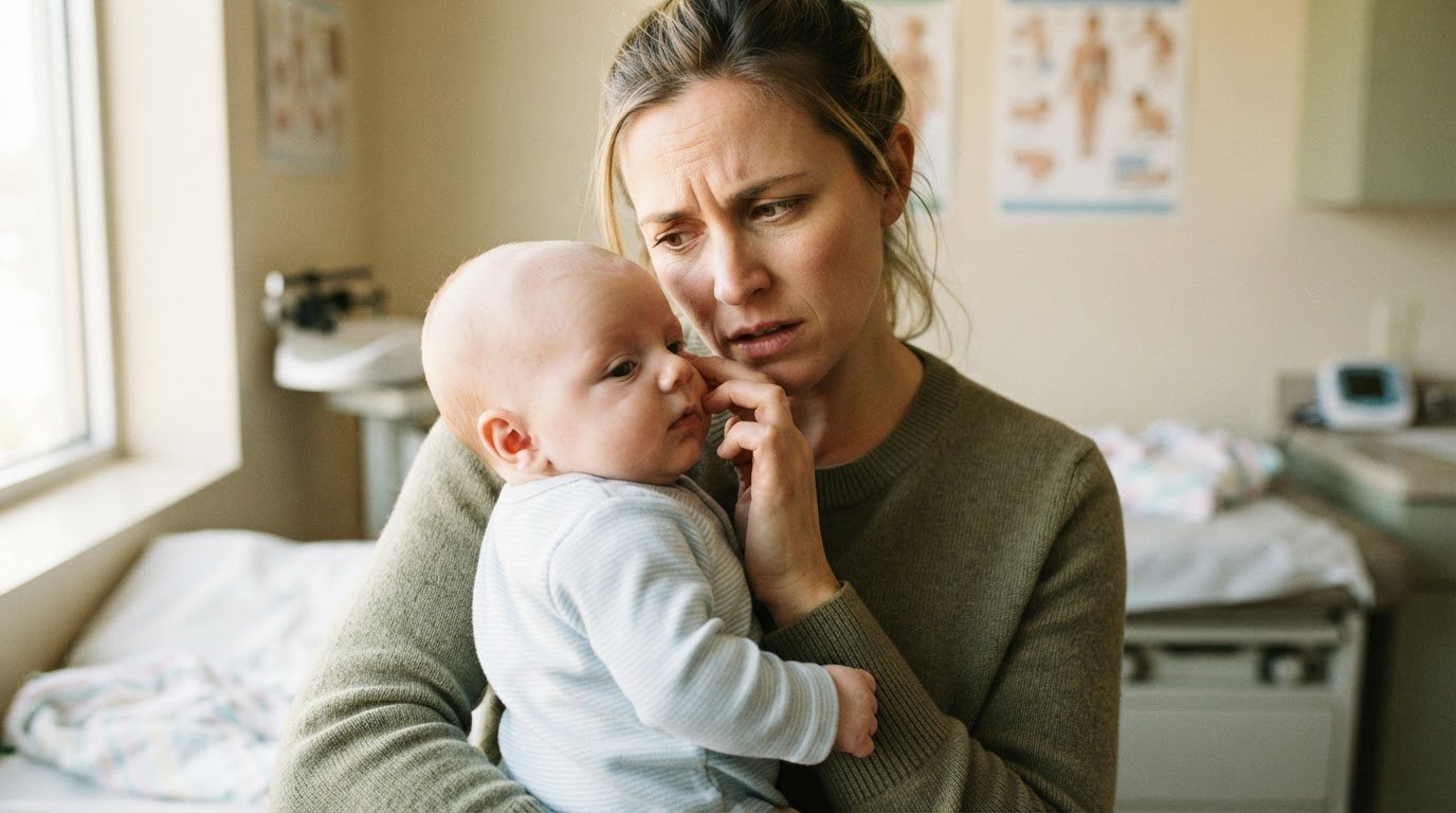 Parent examining pale baby complexion