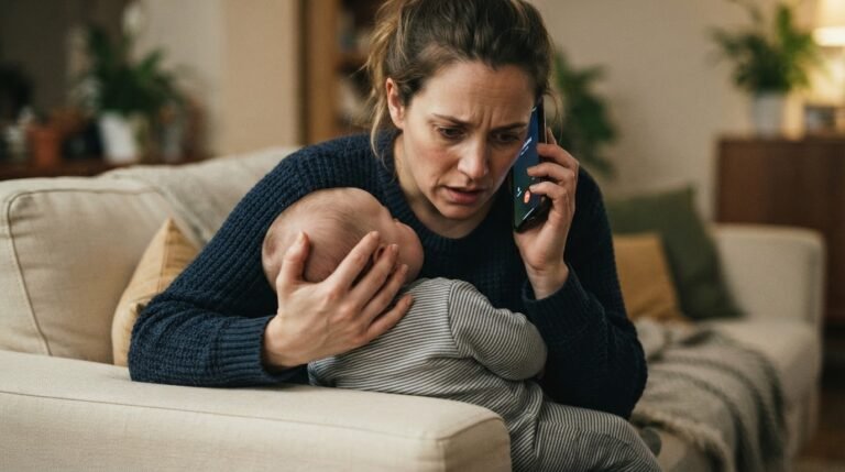 Parent examining baby diaper with concern