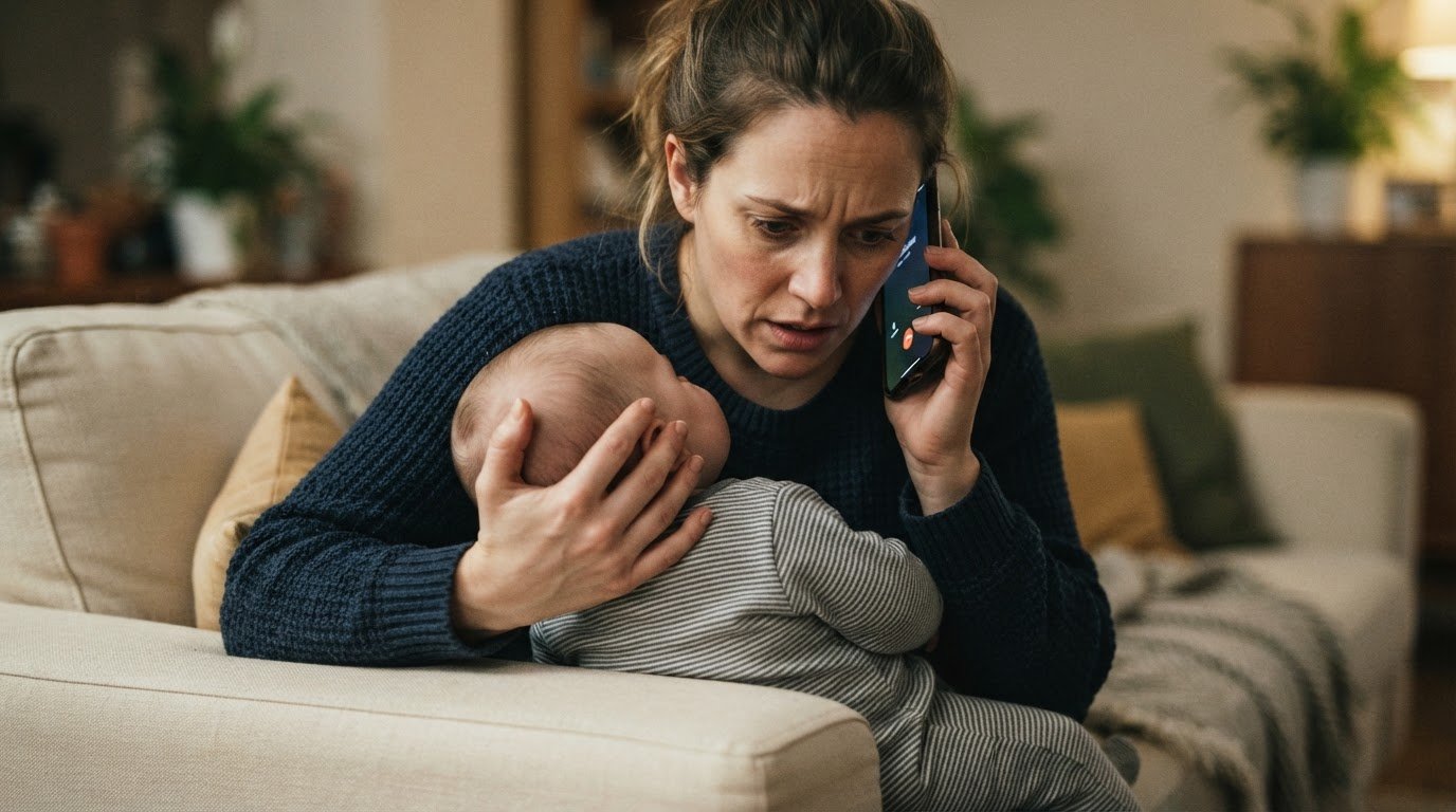 Parent examining baby diaper with concern