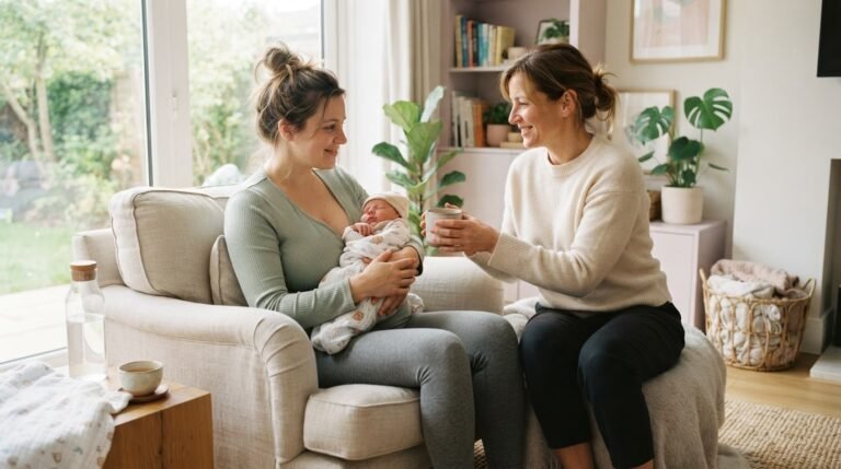 Postpartum doula supporting new mother with newborn