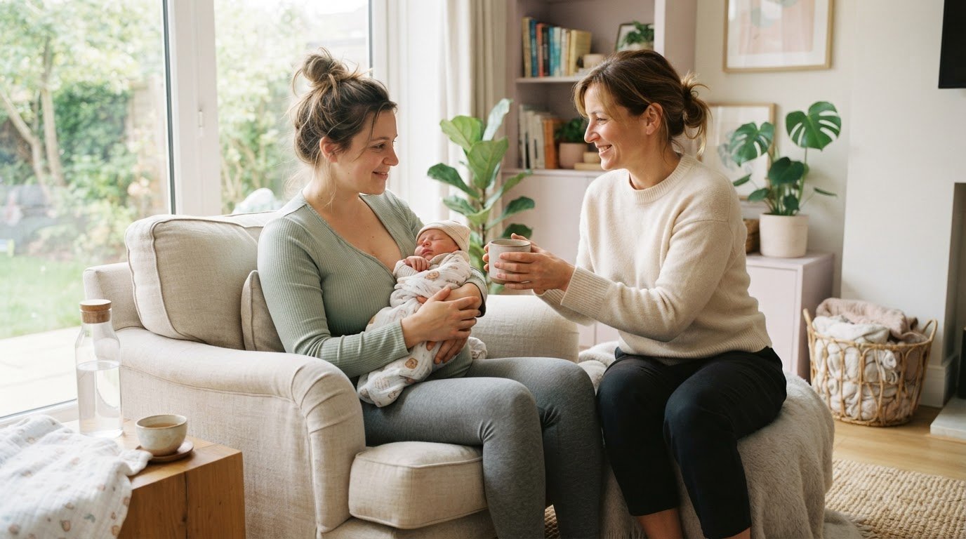 Postpartum doula supporting new mother with newborn