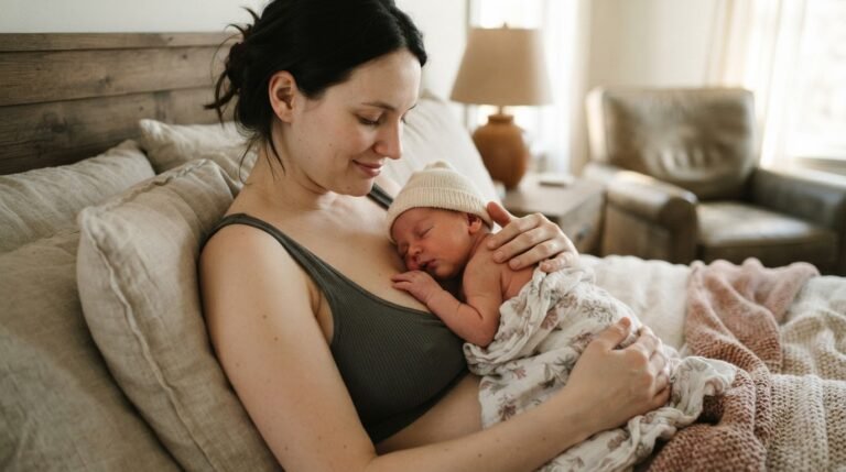 Mother skin-to-skin with newborn in peaceful setting