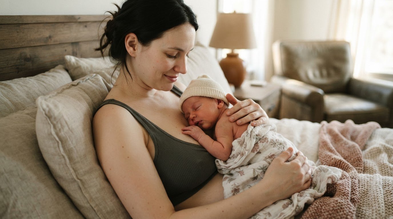 Mother skin-to-skin with newborn in peaceful setting