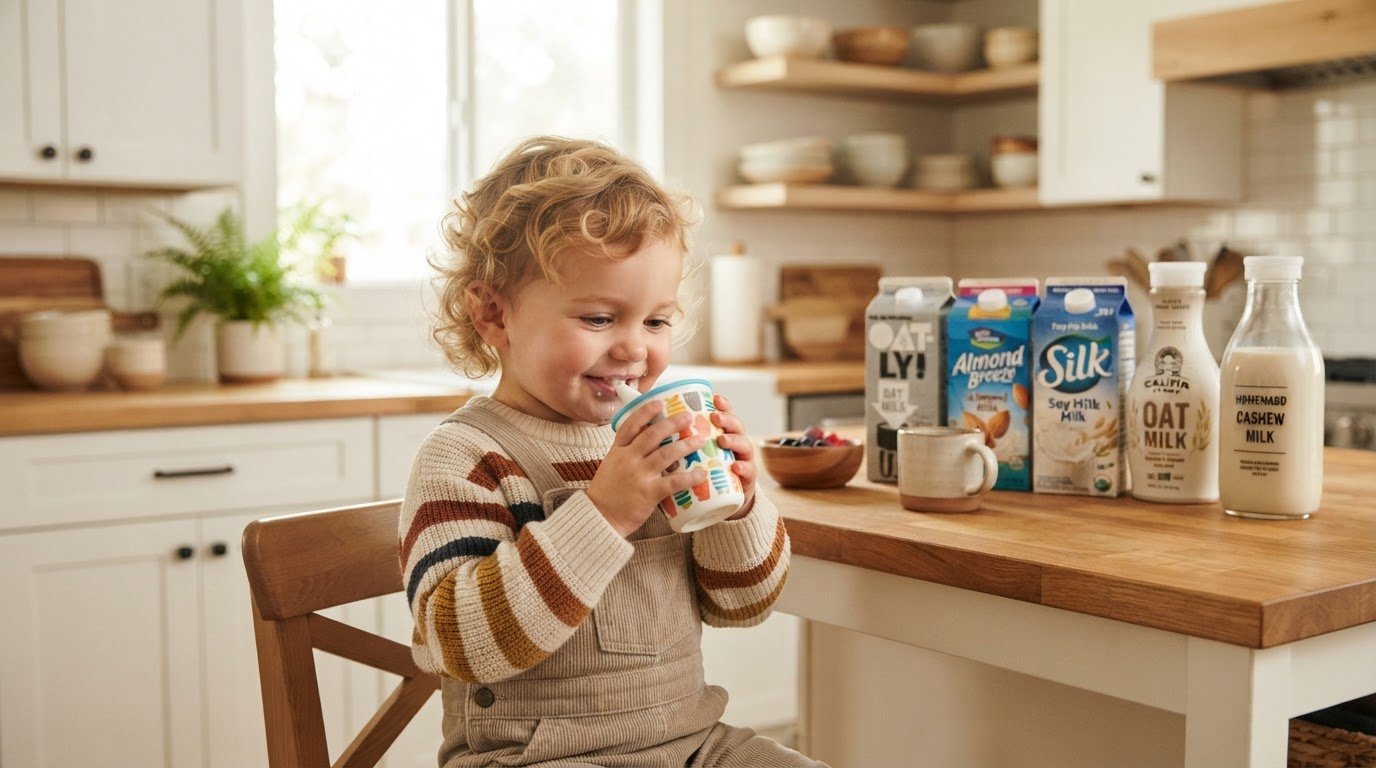 Toddler drinking plant-based milk alternative