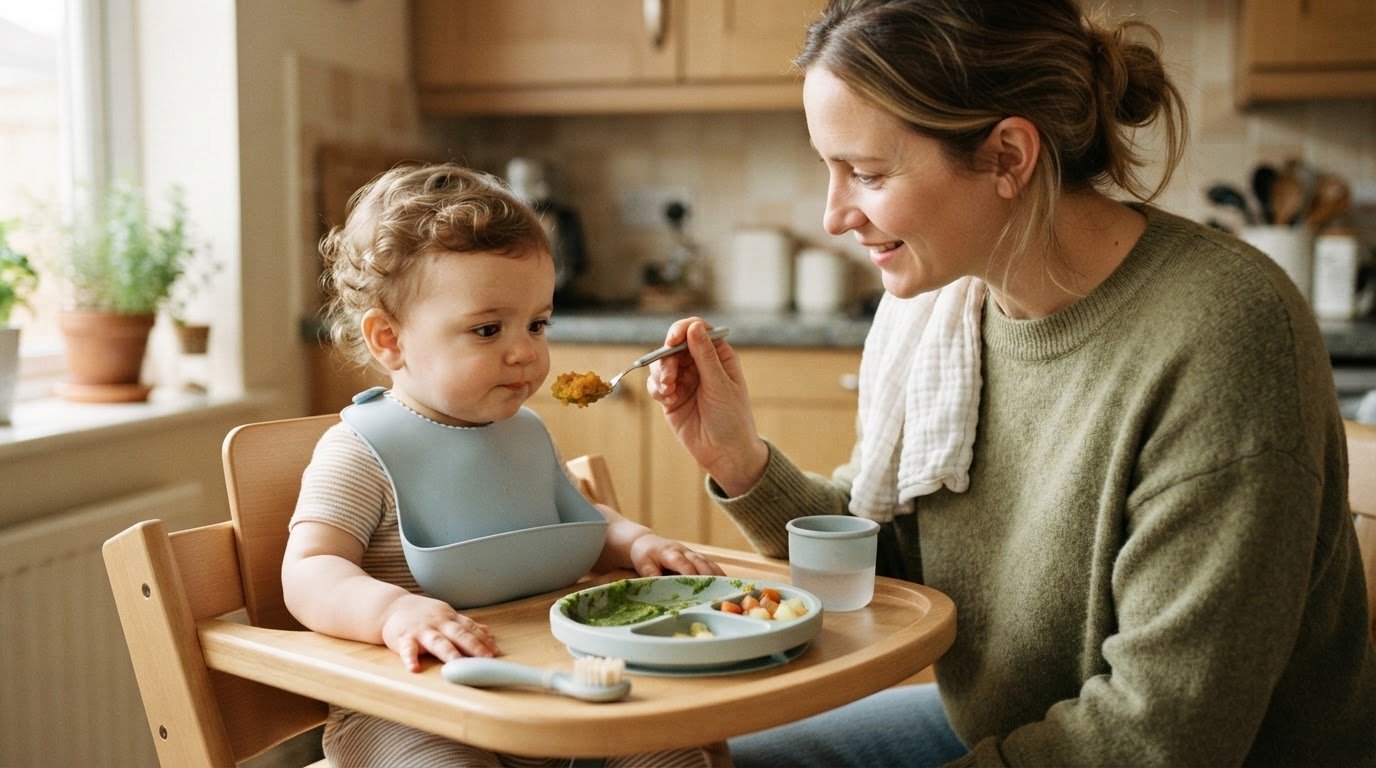 Parent offering progressively textured foods to gag-prone baby