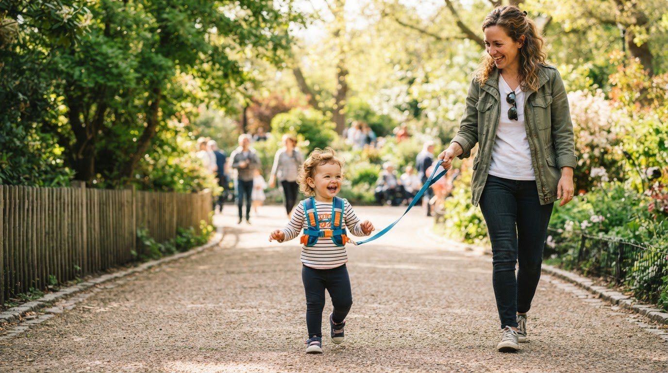 Toddler wearing walking harness reins in park